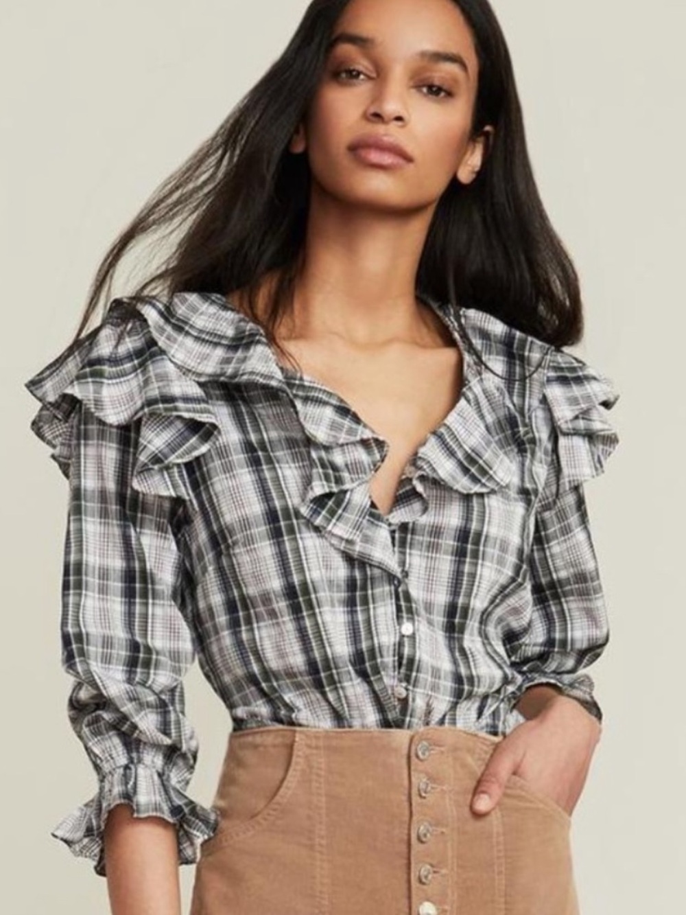 Veronica Beard Itha ruffle plaid top